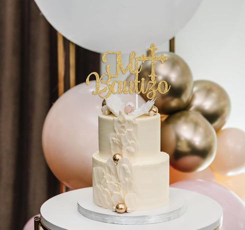 Spanish Mi Bautizo Cake Topper, Baby Shower Party Decor, Gold Glitter for 1st Birthday/Gender Reveal