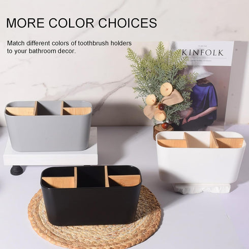 Bamboo Toothbrush Holders for Bathrooms, 5 Slots Vanity Organizer for Electric Toothbrushes, Toothpaste, Razors - Black