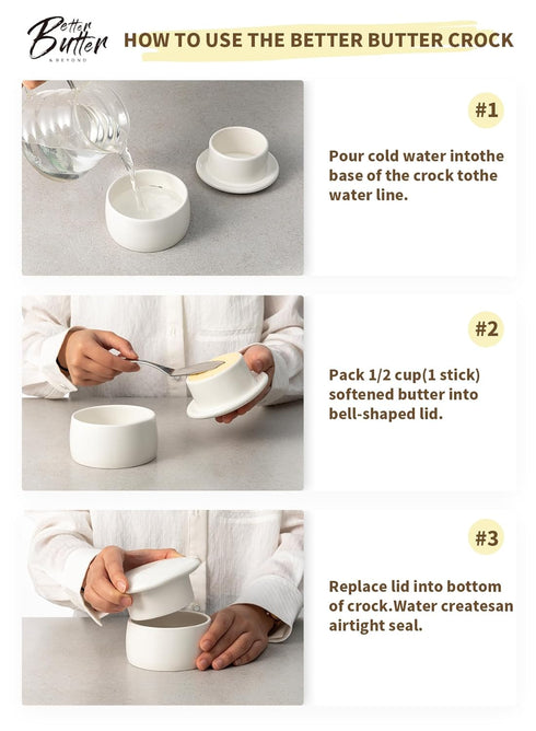 French Butter Crock with Lid, White Porcelain Butter Keeper with Waterline for Fresh Soft Butter without Refrigeration