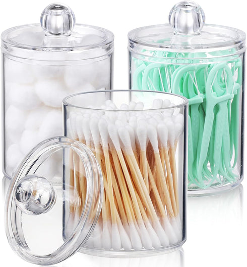 AOZITA 3 Pack Qtip Holder Dispenser, Clear Plastic Apothecary Jar Set for Cotton Ball, Swab, Floss Storage