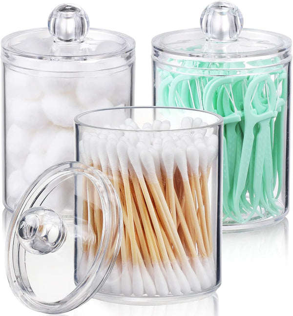 AOZITA 3 Pack Qtip Holder Dispenser, Clear Plastic Apothecary Jar Set for Cotton Ball, Swab, Floss Storage