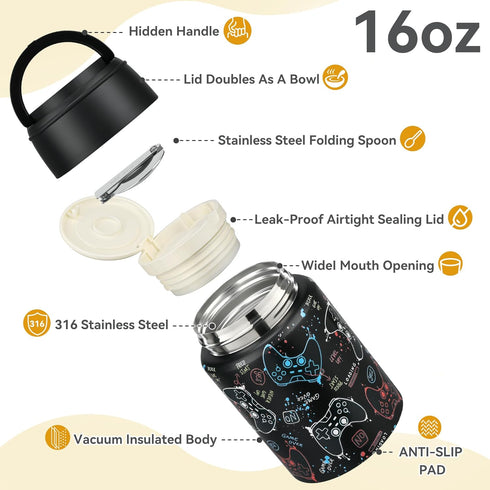 16oz Spoon(3+) Soup Thermo for Hot Food Kids Insulated Food Jar Leakproof Thermo Lunch Container for Kids Wide-Mouth