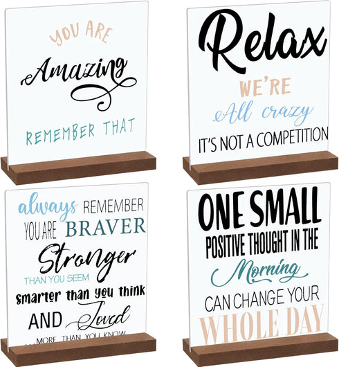 4 Pcs Inspirational Desk Decor Gifts, Positive Motivational Quotes Wooden Plaque Sign with Stand for Home Office