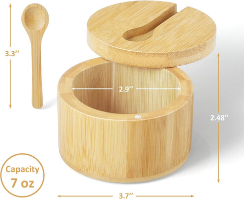 OUTNILI 360 7 Salt Box Bowl with Lid and Spoon - Bamboo Salt Cellar with Swivel Lid - Salt Container Holder for Sea