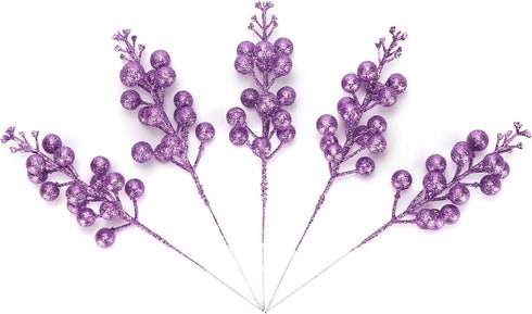 Kesywale 24 Pack 8.7" Artificial Purple Berry Stems, Christmas Glitter Berries Stems Artificial Fruit Berry Holly