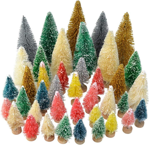 Yookat 40Pcs Mini Pine Trees, Assorted Color Artificial Trees with Wood Base for Christmas Decoration
