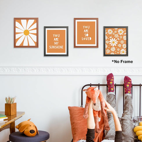 4pcs AEHIE Boho Orange Daisy Flower Wall Art Print, You Are My Sunshine Poster for Baby Girls Room Nursery, Bohemian