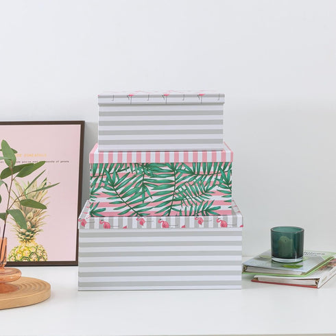 SLPR Decorative Cardboard Storage Boxes with Lids - Set of 3: Pink Flamingo Paperboard Nesting Gift Boxes, Palm Leaves