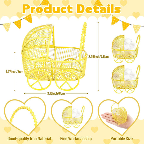 Threehoney 12 Pcs Baby Shower Mini Carriage Decoration Yellow Bee Color Metal Wired Fillable Candy Stroller Baby Shower