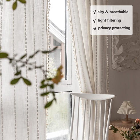 BCLBUSTE 84 Inch 2 52" 84" Boho Curtains Semi-Blackout Panels for Living Room, Linen Tassels Farmhouse Curtains