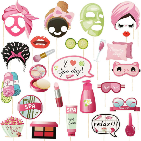 Konsait 26 PCS Spa Party Photo Booth Props, Kids Spa Party Supplies for Girls, Makeup Party Decorations, Slumber Party