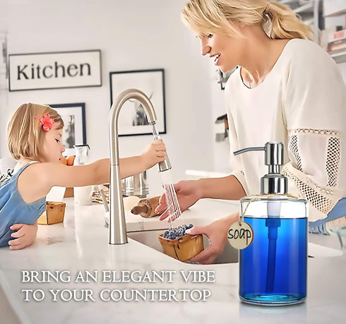 JASAI 16OZ Cylinder Glass Soap Dispenser | Rust Proof Stainless Steel Pump for Hand Soap, Kitchen