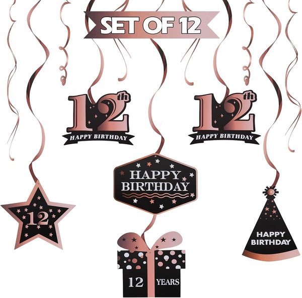 LINGTEER Happy 12th Birthday Decorations - 12 Pcs Black & Rose Gold Swirls Streamer Set for Twelve Years Old Bday