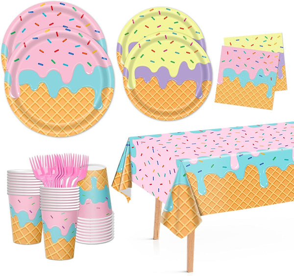 Bzhouyy 121pcs Summer Ice Cream Party Supplies Kit, Includes Ice Cream Themed Plates