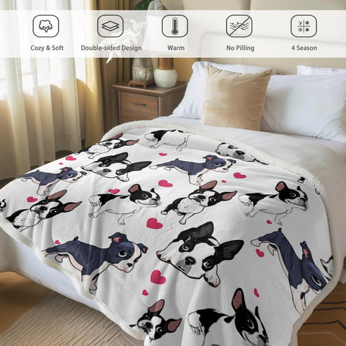 BlessLiving Boston Terrier & Frenchie Dog Plush Blanket, Cute Puppy Dog Cozy Fleece Throw for Kids, Girls & Women -