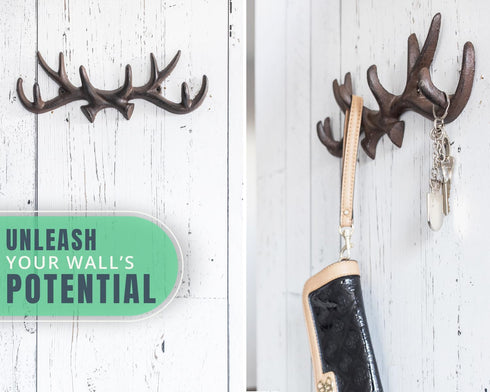 Comfify Vintage Cast Iron Deer Antlers Wall Mounted Hooks, Antique Finish, Rust Brown