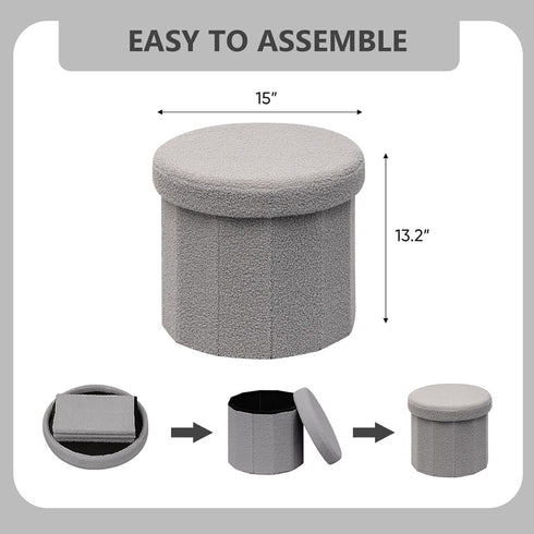 15" Round Storage Ottoman, Foldable Foot Stool with Hidden Storage&Folding Ottoman for Living Room Bedroom, Portable