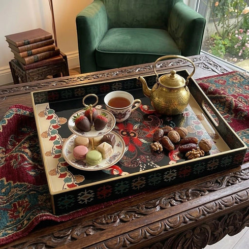 MaAixHom 15.8" 11.8" x Black Plastic Serving Tray with Handles, Bohemian Folk Art Bird & Mandala Pattern with Gold