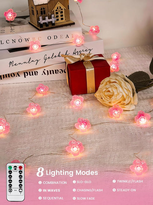 8 10ft 30 Cherry Blossom Flower String Lights for Bedroom, Pink Fairy Lights Battery Operated with Remote & Modes