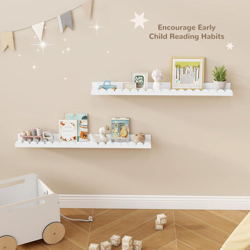 36 Inch Set 2, Fun Memories Scalloped Nursery Shelf, White Picture Ledge for Wall, of Kids Book Shelves with Floating