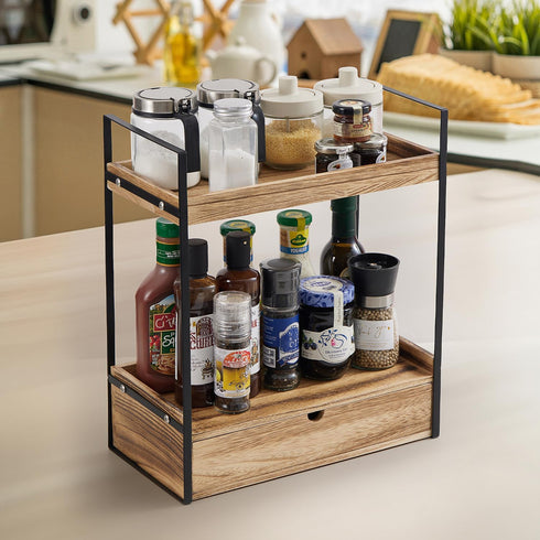 Auysbytdd 2-Tier Countertop Counter Bathroom Organizer with Drawer, Wood Shelf for Storage, Cosmetic Storage Vanity