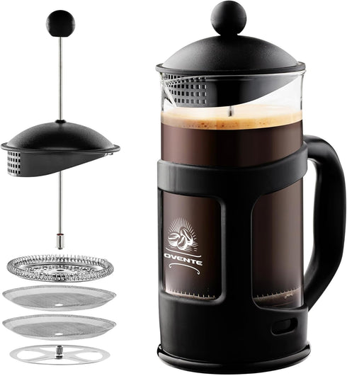 OVENTE French Press Coffee Maker, 12 Ounce with Heat Resistant Borosilicate Glass & Stainless Steel Filtration, Black