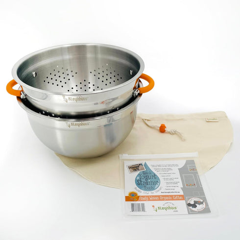 Set: 5-Quart Greek Yogurt Strainer Stainless Steel Colander & Bowl with Organic Cotton Strainer Pouch | Premium Greek