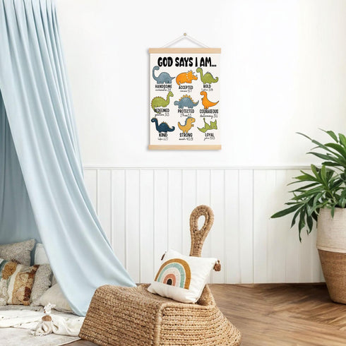 DNEULYR 12x16 Inch Dinosaur Wall Decor, God Says I am Nursery Wall Art With Wooden Poster Hanger, Dinosaur Room Decor