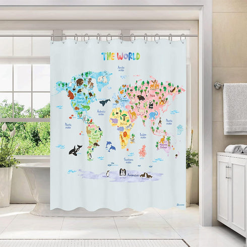 BASHOM BSC-615 Animal World Map Shower Curtain Set, Waterproof Decorative Bathroom 71''x71'' (180x180cm) with 12 Hooks