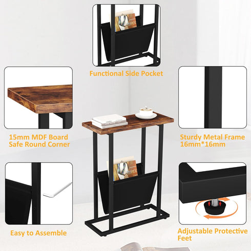 Yusong Narrow Side Table for Small Spaces, Small End Table with Magazine Holder, Skinny Slim Little Thin Table