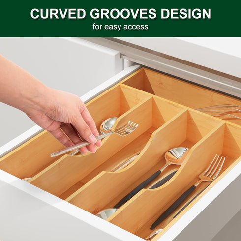 Bellsal 10 Inch Utensil Organizer, Silverware Tray for Drawer, 5 Compartment Bamboo Cutlery Organizer