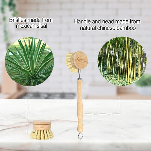 ANTYA Bamboo Dish Brush with Handle - Soft Bristle, Non Toxic Dish Scrubber Compostable & Sustainable Bamboo Scrub
