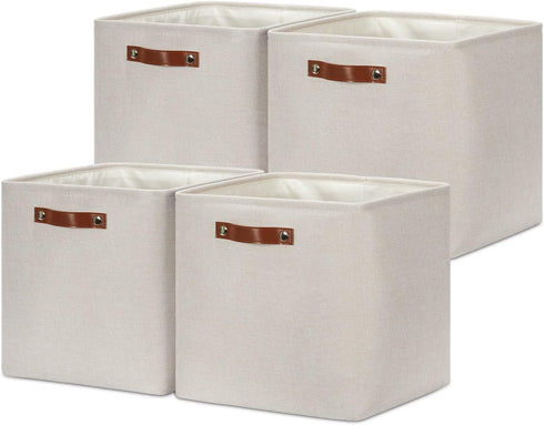 DULLEMELO Storage Bins, 4 Pack of 13x13x13 Decorative Cube Bins with Leather Handle (Beige)