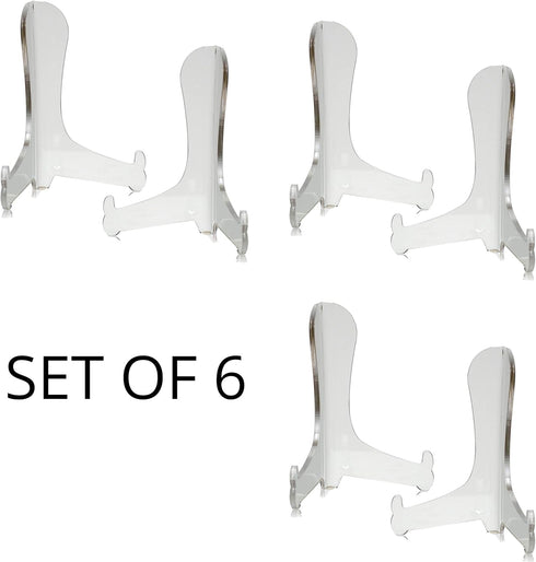 Acrylic 4" Easels - Clear - Set of 6 - Tabletop Display Stand for Plates, Pictures, Books, Plaques, Tiles, Canvas Art, Tablets & Phones = Fixed Position