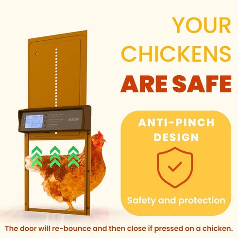 Anti-Pinch 5-Year Okkobi Automatic Chicken Coop Door Solar Powered - LCD Display - Chicken Coop Door with Remote