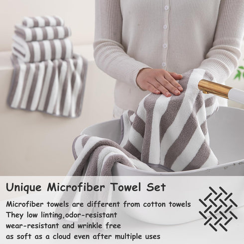 18 Set Loop-6 Towels,6 Towels,6 Set Pcs Light Gray Stripe Bath Towel with Hanging Bath Hand Washcloths Soft Family