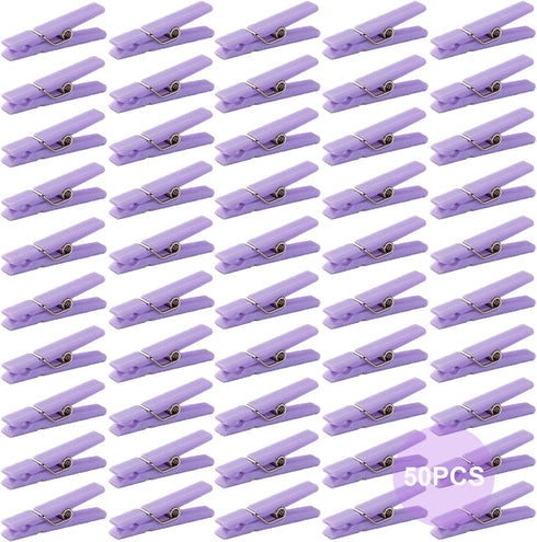 50 PCS Small Transparent Plastic Tool Paper Clips, Mini Clothespins for Party, 1.4 x 0.25 Inch (Purple)