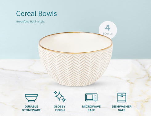 KooK Ceramic Cereal Bowls Set of 4, Embossed for Yogurt, Dessert, and Poke, Microwave & Dishwasher Safe, Cream