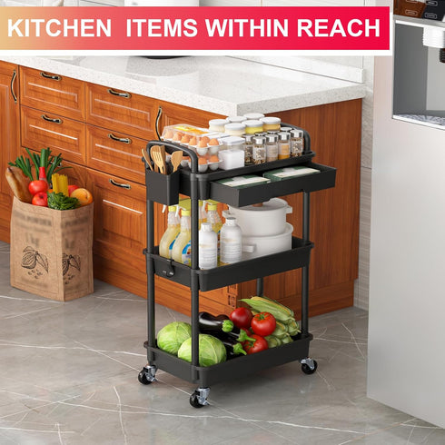 3 2 Goovilla Tier Rolling Utility Cart Organizer with Removable Drawer, Stable and Sturdy Black Rolling Storage Carts