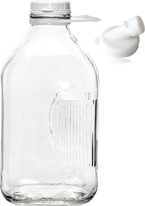 The Dairy Shoppe Heavy Glass Milk Bottle - Jug with Lid and Silicone Pour Spout - Clear Milk Container for Fridge (64