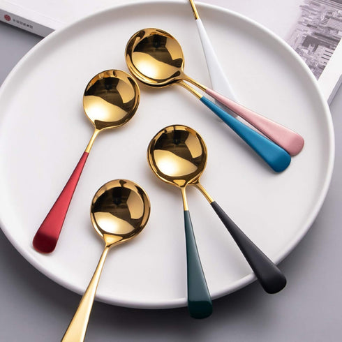 Metal Soup Spoons, Stainless Steel Colorful Dinner Spoons, Thick Short Handle Table Spoon 6.3-Inch, Set of 5 (Gold)