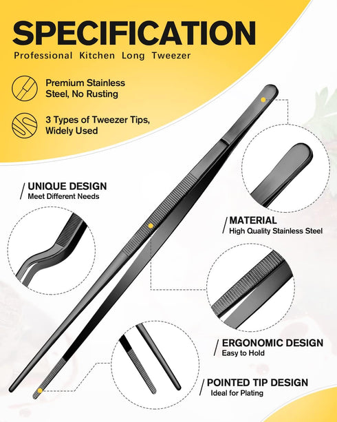 Fine Cooking Tweezers Set, Professional Stainless Steel Food Tongs, Kitchen Black Long Chef Tweezer for Cooking, Plating, Decorating and BBQ (BLACK, 10 inch) by BUNDLEPRO