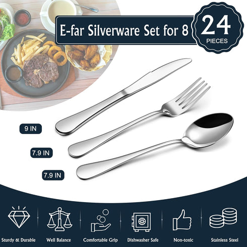 E-far Forks Spoons and Knives Set for 8, 24 Pieces Stainless Steel Silverware Set, Food Grade Flatware Cutlery Set for Home Kitchen Restaurant, Mirror Finish, Dishwasher Safe by E-far