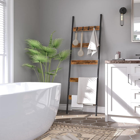5-Tier BF52CJ01 HOOBRO Blanket Ladder, Towel Rack with Hooks, Wall-Leaning Blanket Rack, Decorative Display Ladder