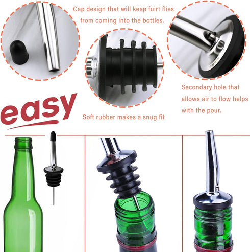 LanMa Olive Oil Spout Pourer, 2PCS Stainless Steel Liquor Bottle Pourers with Rubber Dust Caps