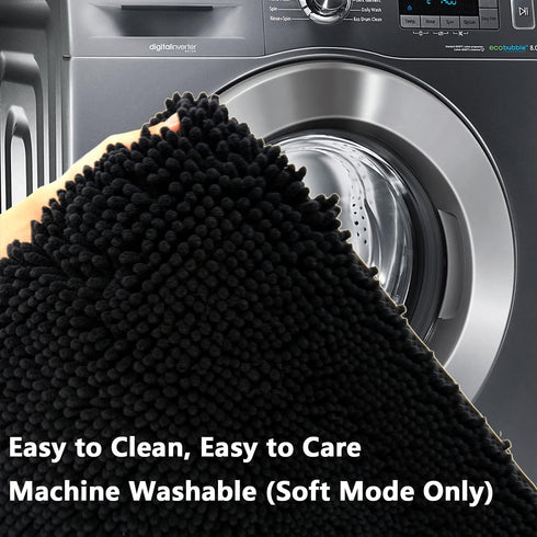 Black Bathroom Rug Chenille 3-Piece Set, Extra Soft and Absorbent Shag Bathroom Mats