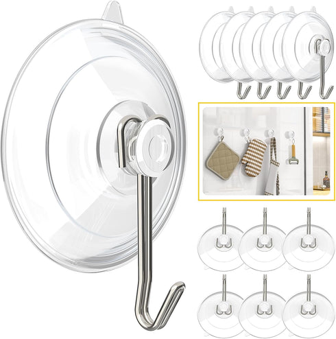 HangerSpace Suction Cup Hooks, 12 Pack Upgrade Clear PVC Window Suction Cups with Metal Hooks for Kitchen Bathroom