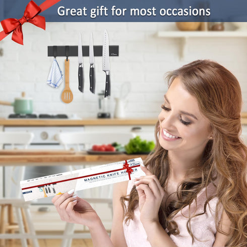 Magnetic Knife Holder for Wall, 10 Inch Black Knife Strip with 2 Hooks, Powerful Magnet Rack with Adhesive Tape and