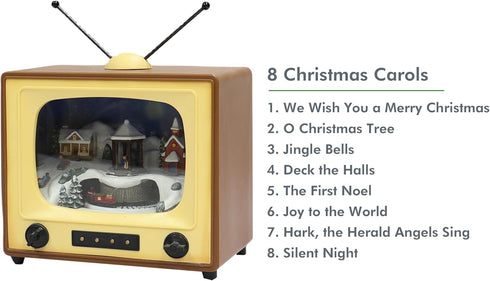 6" 8 MOMENTS IN TIME Retro TV Christmas Village Scene Animated Train, LED Lights, Plays Classic Holiday Songs Battery