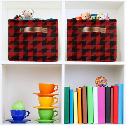 Christmas Red Buffalo Plaid Storage Basket, Fabric Laundry Baskets for Winter Holiday Decorations, 16×12×8 Inches